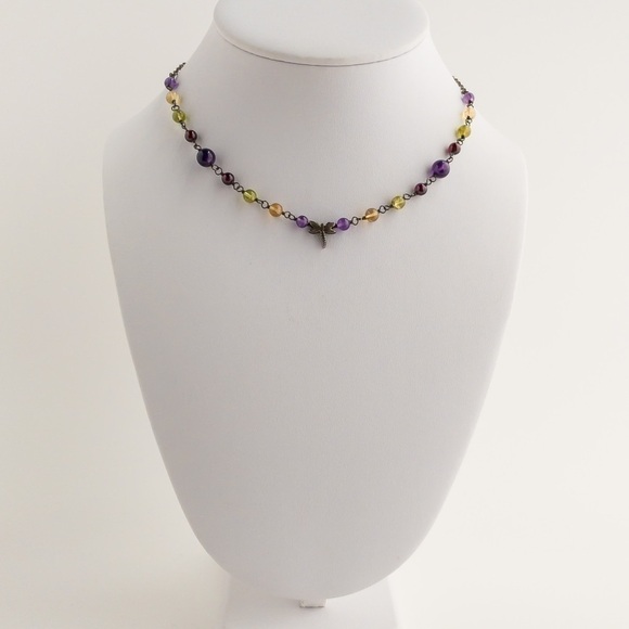 Sterling Silver Necklace Multicoloured Gemstones Dragonfly Charm Pendant Vintage - Picture 9 of 12